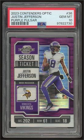 2023 Contenders Optic #36 Justin Jefferson Purple Pulsar 19/26 PSA 10 GEM MINT