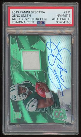 2013 Panini Spectra #211 Geno Smith RC Autp/Jersey Spectra Green 1/5 PSA 8