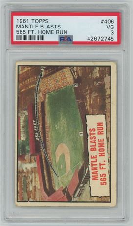 1961 Topps #406 Mantle Blasts 565 FT. Home Run PSA 3 VG