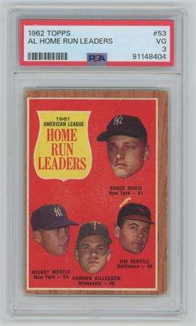 1962 Topps #53 AL Home Run Leaders (Maris Breaks Ruth's Record) PSA 3 VG