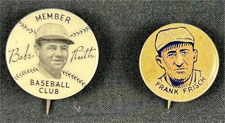 1934 Quaker Oats Babe Ruth Baseball Pin & 1930 PR4 Cracker Jack F Frisch Pin Lot