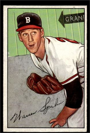 1952 Bowman #156 Warren Spahn VGEX-EX (Wax on back, surface dimple top right)