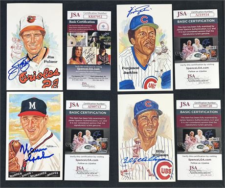 1980-2002 Perez-Steele Hall Of Fame Postcards JSA Authenticated Lot (4) w/ Spahn