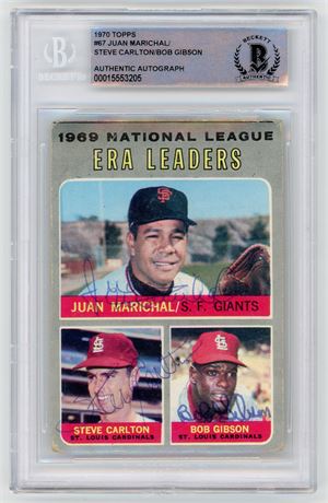 1970 Topps #67 Juan Marichal/Steve Carlton/Bob Gibson Autograph BGS Authentic