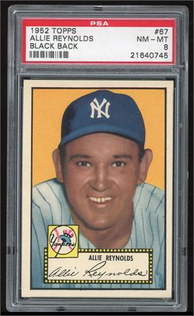 1952 Topps #67 Allie Reynolds Black Back PSA 8 NMMT Only 2 Higher