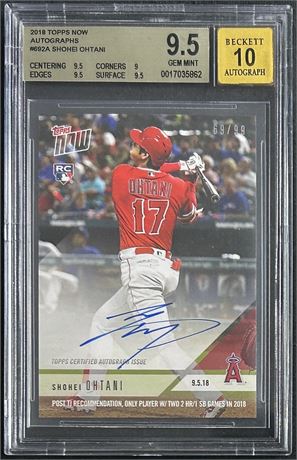2018 Topps Now Autographs #692A Shohei Ohtani RC 69/99 BGS 9.5 Auto 10