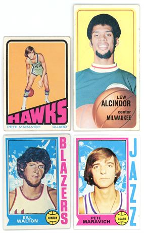 1970-1974 Topps Basketball HOF Lot (4) w/ Jabbar, Maravich, and Walton
