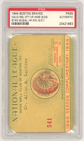 1944 Boston Braves Valid Complimentary Season Pass PSA Authentic