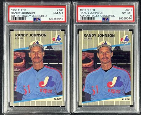 1989 Fleer #381 Randy Johnson RC Ad Partially Obscured PSA 8 Lot (2)