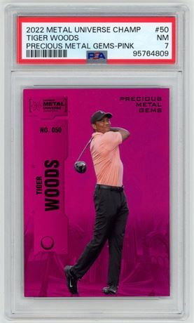 2022 Metal Universe Champ #50 Tiger Woods Precious Metal Gems-Pink 34/75 PSA 7