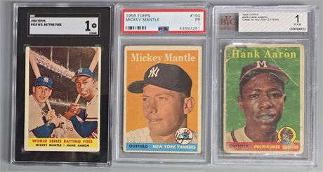 1958 World Series Batting Foes Graded Lot (3) Mantle/Aaron  w/ Yellow Letter Var