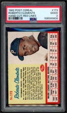 1962 Post Cereal #173 Roberto Clemente Hand Cut Red Lines PSA 2 GOOD
