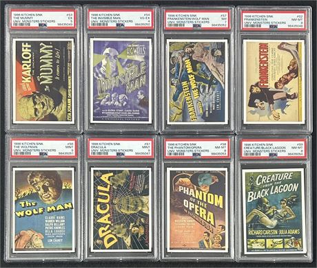 1996 Kitchen Sink Universal Monsters Stickers PSA Graded Lot (8) w/ 2 PSA 9's