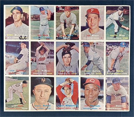 1957 Topps Uncut Sheet of 15 Cards w/ Bobby Richardson RC