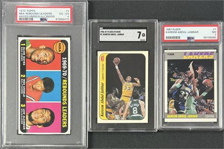 1970-87 Kareem Abdul-Jabbar Graded Lot (3) w/ 1986 Fleer Sticker