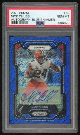 2023 Panini Prizm #69 Nick Chubb Autograph-Blue-Shimmer 2/25 PSA 10 GEM MINT