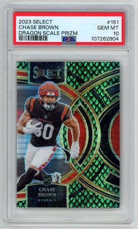 2023 Panini Select #151 Chase Brown RC 47/70 Dragon Scale Prizm PSA 10 GEM MINT