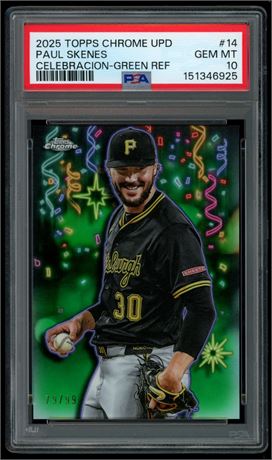 2025 Topps Chrome Update #14 Paul Skenes Celebracion-Green Ref 79/99 PSA 10