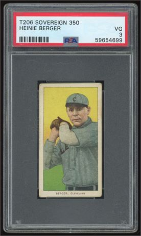 1909-1911 T206 Sovereign 350 Heinie Berger RC PSA 3 VG Pop 1 Only 6 Higher