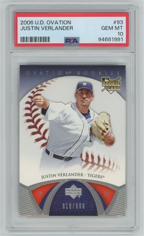 2006 Upper Deck Ovation #93 Justin Verlander 618/999 RC PSA 10 GEM MINT