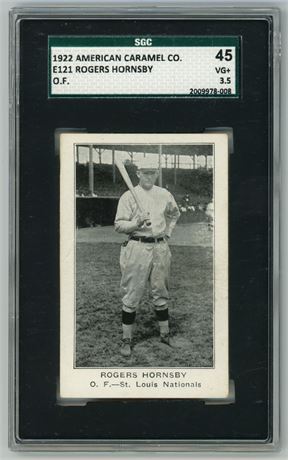 1922 E121 American Caramel Co Rogers Hornsby HOF Out Fielder SGC 3.5 VG+