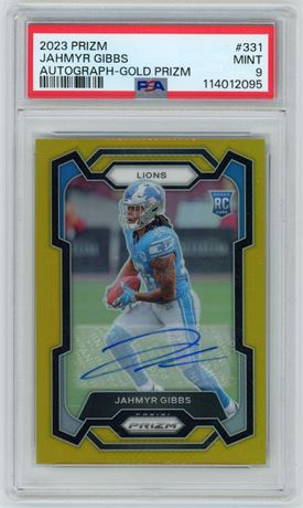 2023 Panini Prizm #331 Jahmyr Gibbs RC Autograph Gold Prizm 7/10 PSA 9 MINT