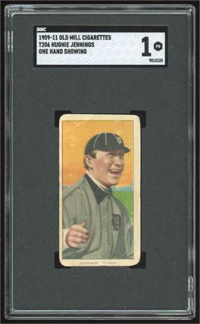 1909-11 T206 Old Mill Hughie Jennings One Hand Showing SGC 1 POOR
