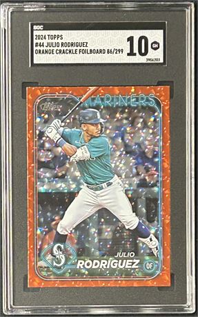 2024 Topps #44 Julio Rodriguez Orange Crackle Foilboard 86/299 SGC 10 GEM MINT