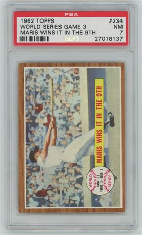 1962 Topps #234 World Series Game 3 Maris Wins it in the 9th PSA 7 NM