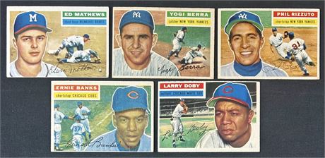 1956 Topps Baseball HOF Raw Lot (5) w/ Banks, Berra, Matthews Low Grade to VG