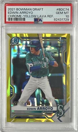 2021 1st Bowman Chrome Edwin Arroyo RC Chrome Yellow Lava Refractor 51/75 PSA 10
