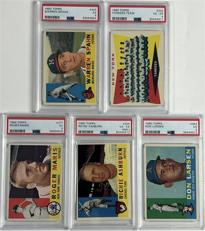 1960 Topps PSA Graded Lot (5) w/ Maris, Larsen, Yankees Team, and Spahn