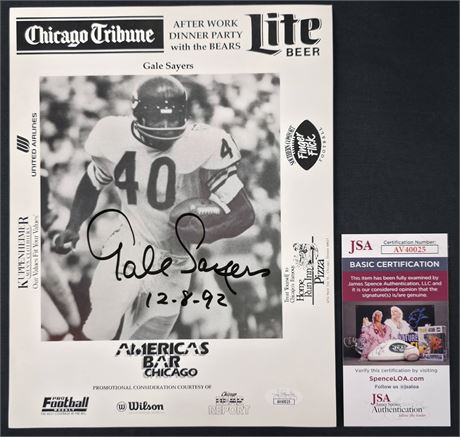 Gale Sayers Signed Photo JSA w/ "12-8-92" Inscription