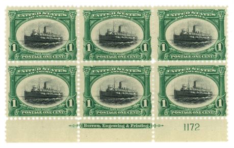 1901 Scott 294 Pan American Expo US 1 Cent Ship Stamp Green Block of 6