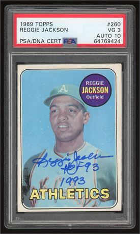 1969 Topps #260 Reggie Jackson RC PSA 3 Auto 10 Inscription HOF 93 1993