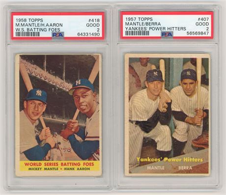 1957-1958 Topps PSA 2 Graded Lot (2) w/ Mantle, Berra, Aaron