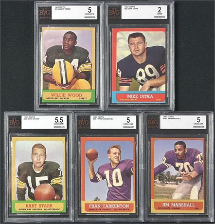 1963 Topps Football BVG Graded Star/HOF Lot w/ Wood RC, Starr, Marshall, Ditka