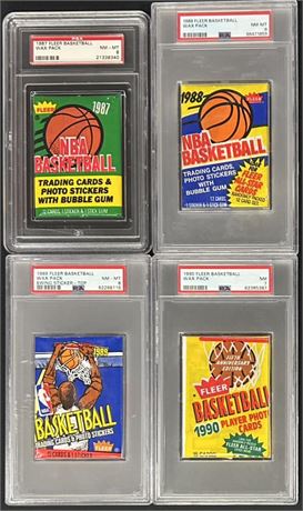 1987-1990 Fleer (4) Basketball Graded Wax Packs PSA 7-8's