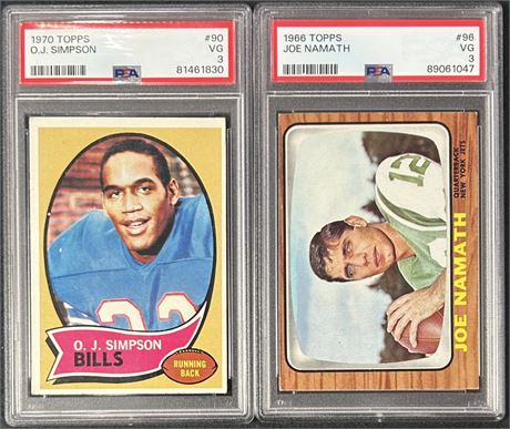1966-70 Topps PSA Graded Football Lot (2) Simpson RC, Namath 2nd Year PSA 3's