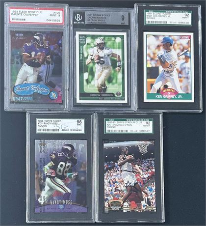 (5) Graded Star RC Lot w/ Brees /2500, Moss, Griffey, Shaq & Culpepper /2999