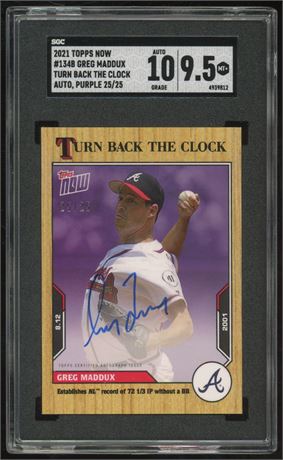 2021 Topps Now Greg Maddux Turn Back The Clock Auto Purple 25/25 SGC 9.5 Auto 10