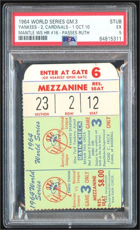 1964 World Series Ticket Stub Game 3 Mantle Breaks Ruth's HR Record PSA 5 EX