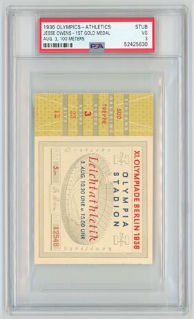 1936 Olympics-Athletics Ticket Stub Jesse Owens 1st Gold Medal 100 Meters PSA 3