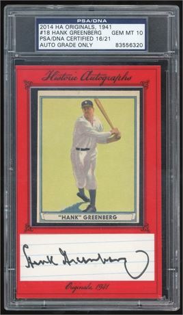 2014 Historic Autos Originals 1941 Playball Hank Greenberg w/ Cut Auto PSA 10