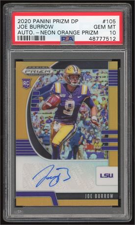 2020 Panini Prizm SP #105 Joe Burrow RC Auto Neon Orange Prizm 20/125 PSA 10
