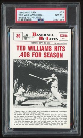 1960 Nu Card #39 Ted Williams Hits Baseball Hi-Lites PSA 8 NMMT