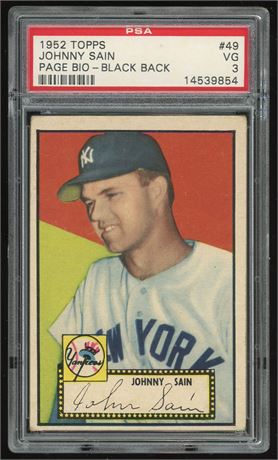 1952 Topps #49 Johnny Sain Error (Page Bio) - Black Back PSA 3 VG