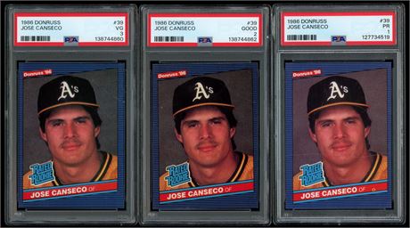 1986 Donruss #39 Jose Canseco RC PSA 1-3 Lot (3) Pop 21/Pop 27/Pop 26