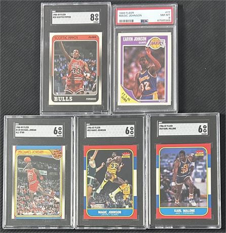 1986-1989 Fleer Basketball HOF Lot (5) w/ Jordan, Magic, Pippen & Malone RC