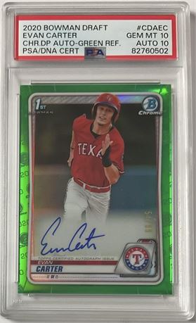 2020 1st Bowman Draft Evan Carter RC Auto Green Refractor 54/99 PSA 10 Auto 10
